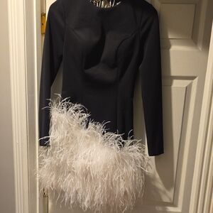 ASHLEY Lauren Black Long-Sleeve Mini Dress with White Feather Hem